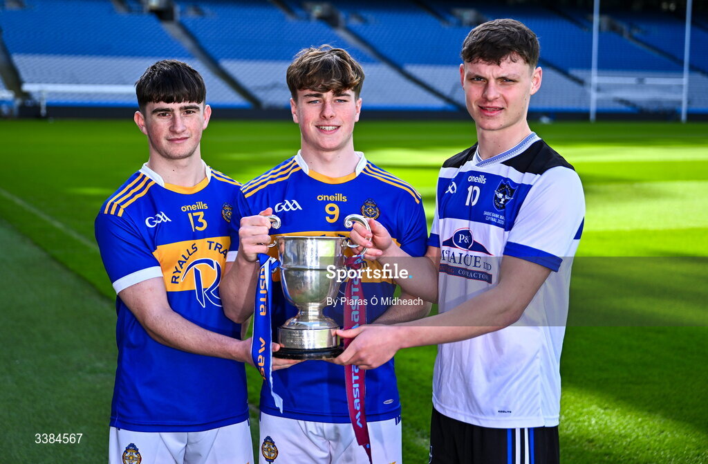 10 March 2026; Eoghan Costello, left, and Cillian Hurley, joint captains of CBS, The Green, Tralee, Kerry, and Rían Collins, captain of St Patrick's College, Maghera, Derry, right, with the cup ahead of the upcoming Masita All Ireland PPS Paddy Buggy Hurling Final during the Masita All-Ireland Post Primary Schools Finals 2026 launch at Croke Park in Dublin. Photo by Piaras Ó Mídheach/Sportsfile