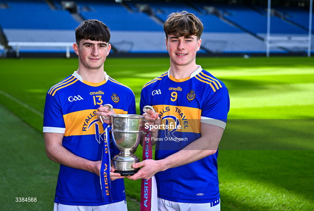 10 March 2026; Eoghan Costello, left, and Cillian Hurley, joint captains of CBS, The Green, Tralee, Kerry, with the cup ahead of the upcoming Masita All Ireland PPS Paddy Buggy Hurling Final against St Patrick's College, Maghera, Derry, during the Masita All-Ireland Post Primary Schools Finals 2026 launch at Croke Park in Dublin. Photo by Piaras Ó Mídheach/Sportsfile