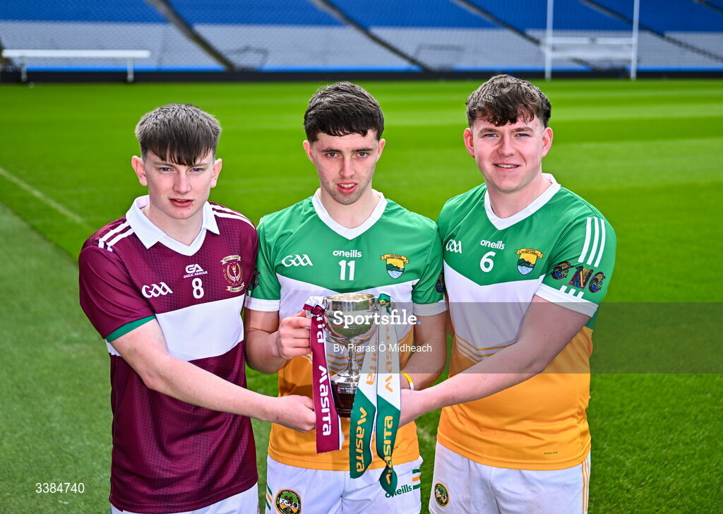10 March 2026; Michéal Collins captain of St Joseph's College Borrisoleigh, Tipperary, left, with James Hennessy, left, and Luke Bracken joint captains of Coláiste Naomh Cormac, Offaly, ahead of the upcoming Masita All Ireland PPS Michael Cusack Hurling Final during the Masita All-Ireland Post Primary Schools Finals 2026 launch at Croke Park in Dublin. Photo by Piaras Ó Mídheach/Sportsfile