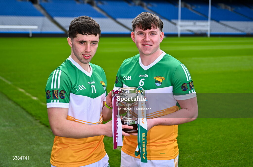 10 March 2026; James Hennessy, left, and Luke Bracken joint captains of Coláiste Naomh Cormac, Offaly, ahead of the upcoming Masita All Ireland PPS Michael Cusack Hurling Final against St Joseph's College Borrisoleigh, Tipperary, during the Masita All-Ireland Post Primary Schools Finals 2026 launch at Croke Park in Dublin. Photo by Piaras Ó Mídheach/Sportsfile