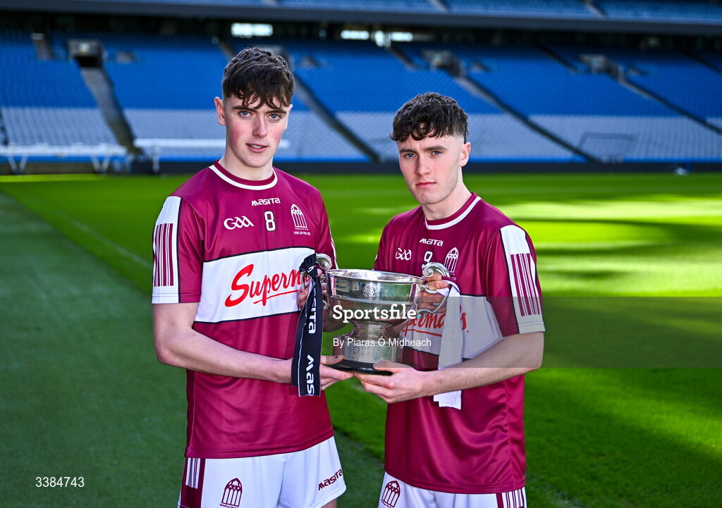 10 March 2026; Ronan Murphy and Ronan McGlynn, joint captains of Presentation College Athenry, Galway, ahead of the upcoming Masita All Ireland PPS Croke Hurling Final against St Kieran’s College Kilkenny, during the Masita All-Ireland Post Primary Schools Finals 2026 launch at Croke Park in Dublin. Photo by Piaras Ó Mídheach/Sportsfile