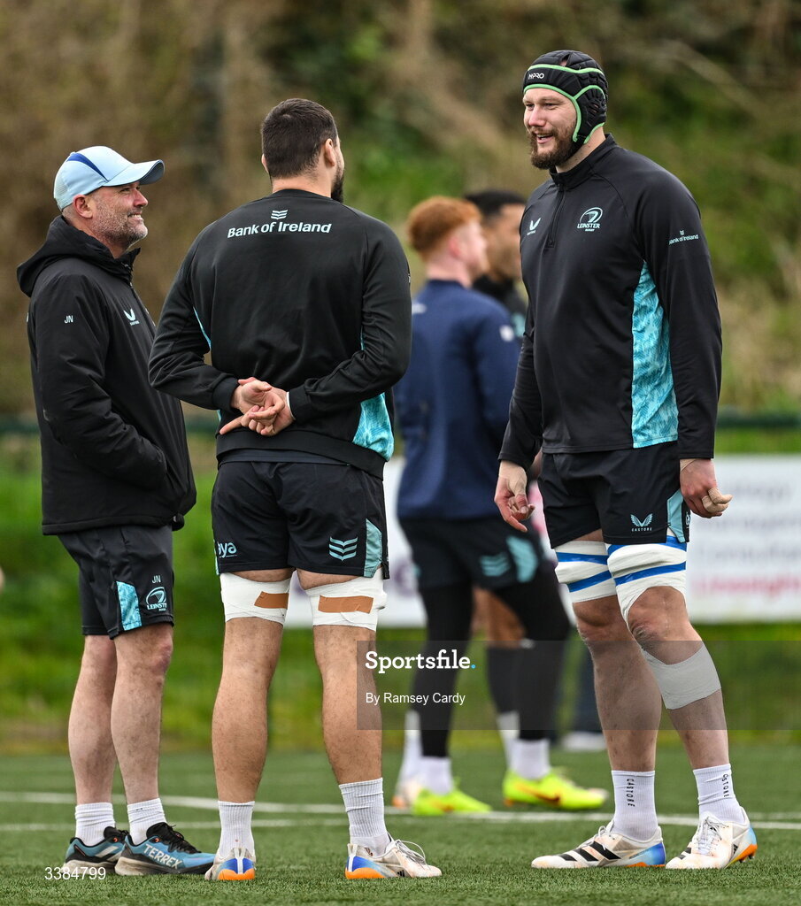 10 March 2026; Senior coach Jacques Nienaber, left, in conversation with Max Deegan and RG Snyman during a Leinster Rugby open training session at Skerries RFC in Skerries, Dublin. Photo by Ramsey Cardy/Sportsfile