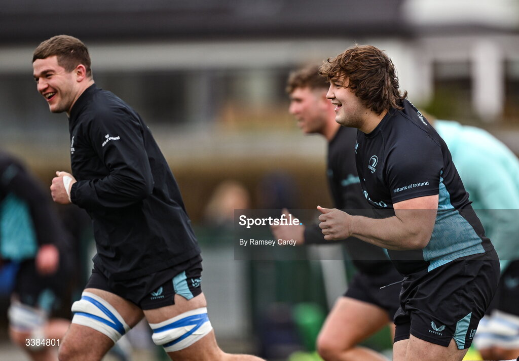 10 March 2026; Scott Penny, left, and Alex Usanov during a Leinster Rugby open training session at Skerries RFC in Skerries, Dublin. Photo by Ramsey Cardy/Sportsfile