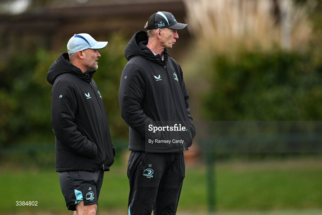 10 March 2026; Senior coach Jacques Nienaber, left, and Head coach Leo Cullen during a Leinster Rugby open training session at Skerries RFC in Skerries, Dublin. Photo by Ramsey Cardy/Sportsfile