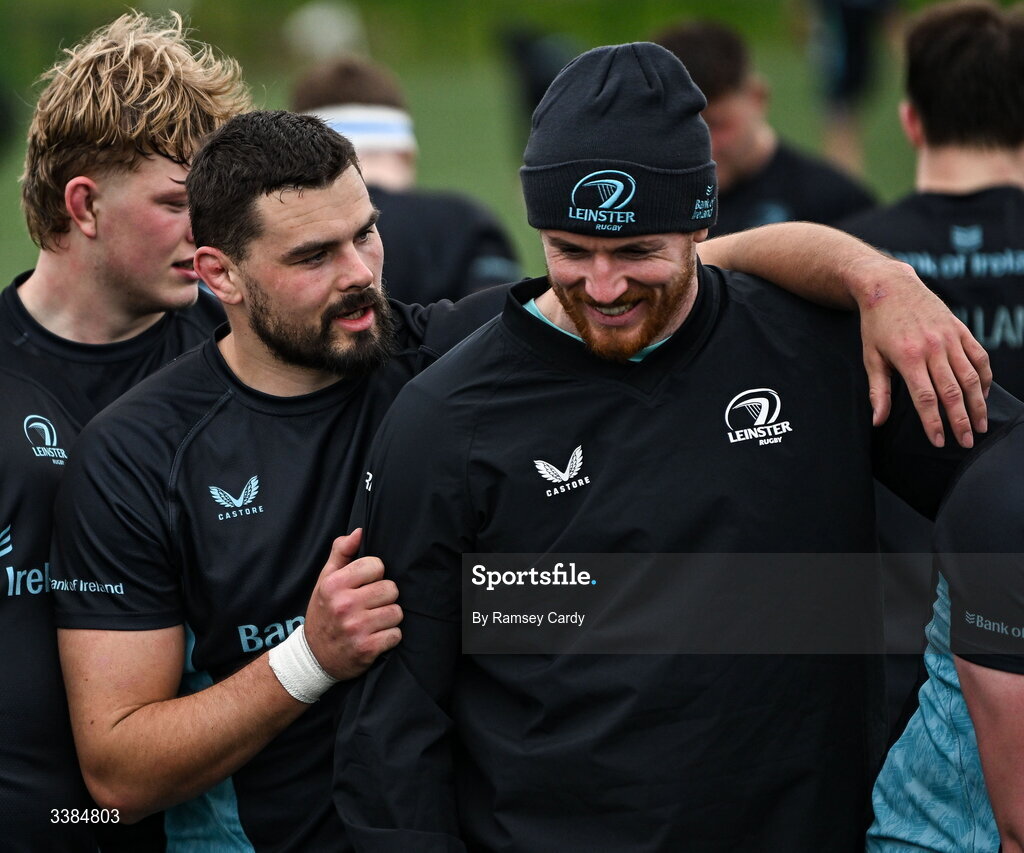 10 March 2026; Max Deegan, left, and Ryan Baird during a Leinster Rugby open training session at Skerries RFC in Skerries, Dublin. Photo by Ramsey Cardy/Sportsfile