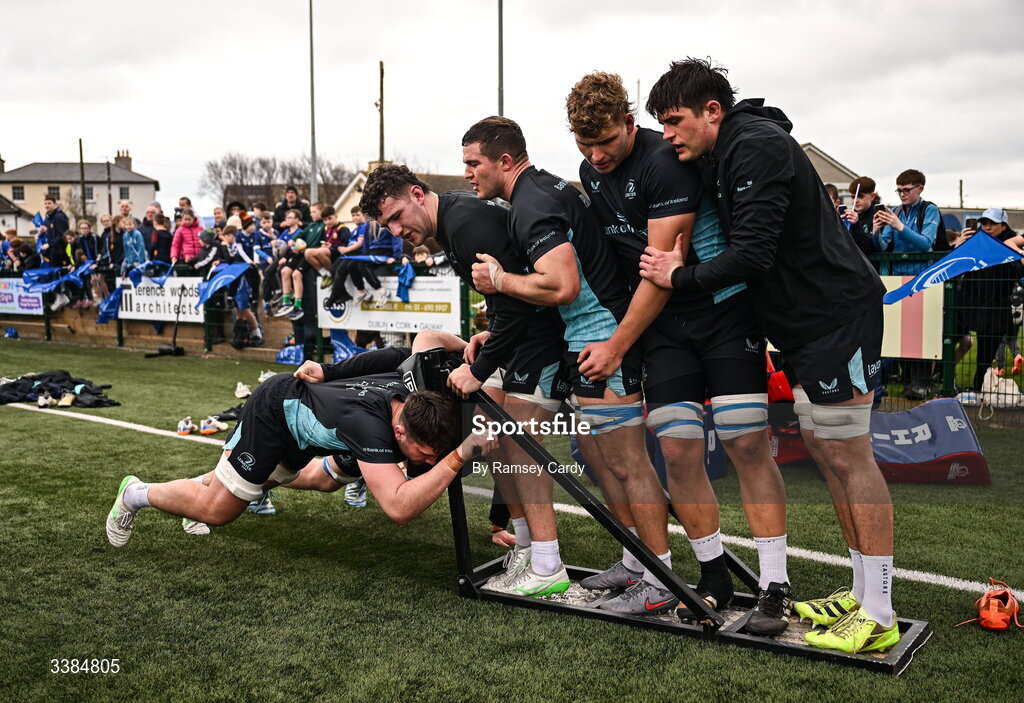 10 March 2026; Players practice scrummaging during a Leinster Rugby open training session at Skerries RFC in Skerries, Dublin. Photo by Ramsey Cardy/Sportsfile