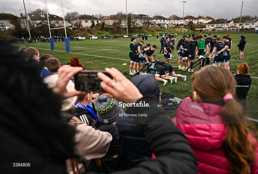 10 March 2026; Supporters watch on as players practice scrummaging during a Leinster Rugby open training session at Skerries RFC in Skerries, Dublin. Photo by Ramsey Cardy/Sportsfile