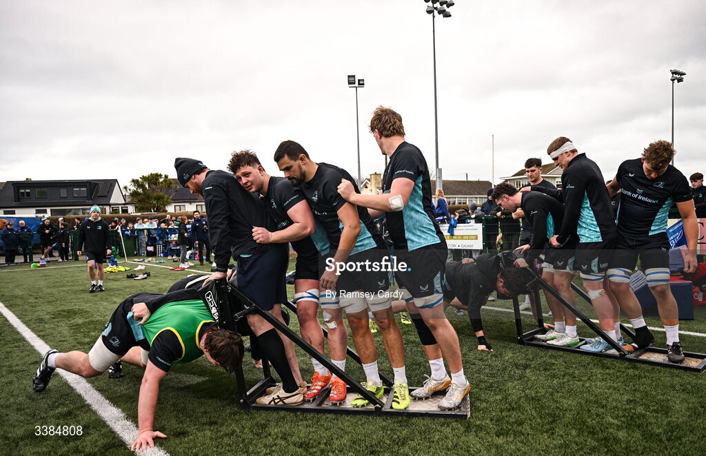 10 March 2026; Players practice scrummaging during a Leinster Rugby open training session at Skerries RFC in Skerries, Dublin. Photo by Ramsey Cardy/Sportsfile