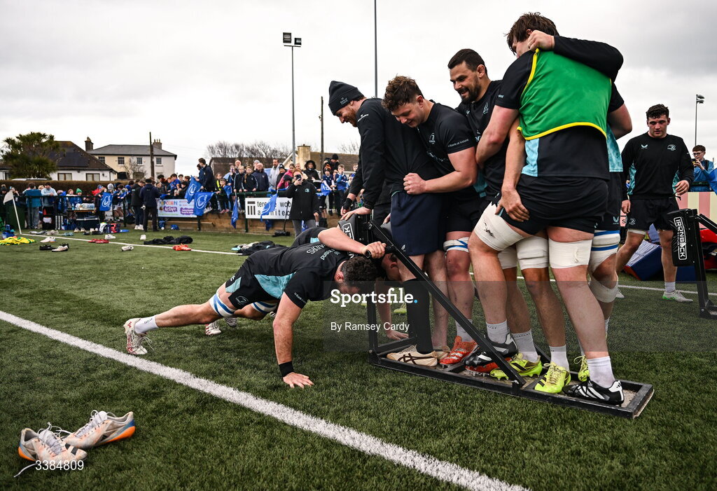 10 March 2026; Players practice scrummaging during a Leinster Rugby open training session at Skerries RFC in Skerries, Dublin. Photo by Ramsey Cardy/Sportsfile