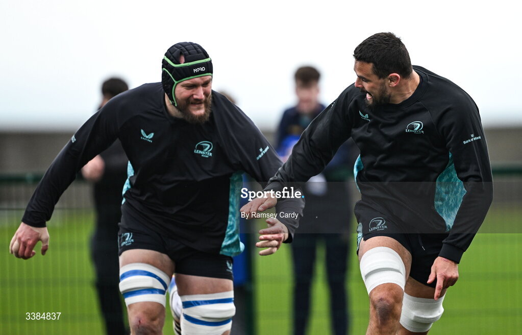 10 March 2026; Max Deegan, right, and RG Snyman during a Leinster Rugby open training session at Skerries RFC in Skerries, Dublin. Photo by Ramsey Cardy/Sportsfile