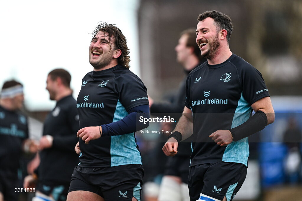 10 March 2026; John McKee, left, and Will Connors during a Leinster Rugby open training session at Skerries RFC in Skerries, Dublin. Photo by Ramsey Cardy/Sportsfile