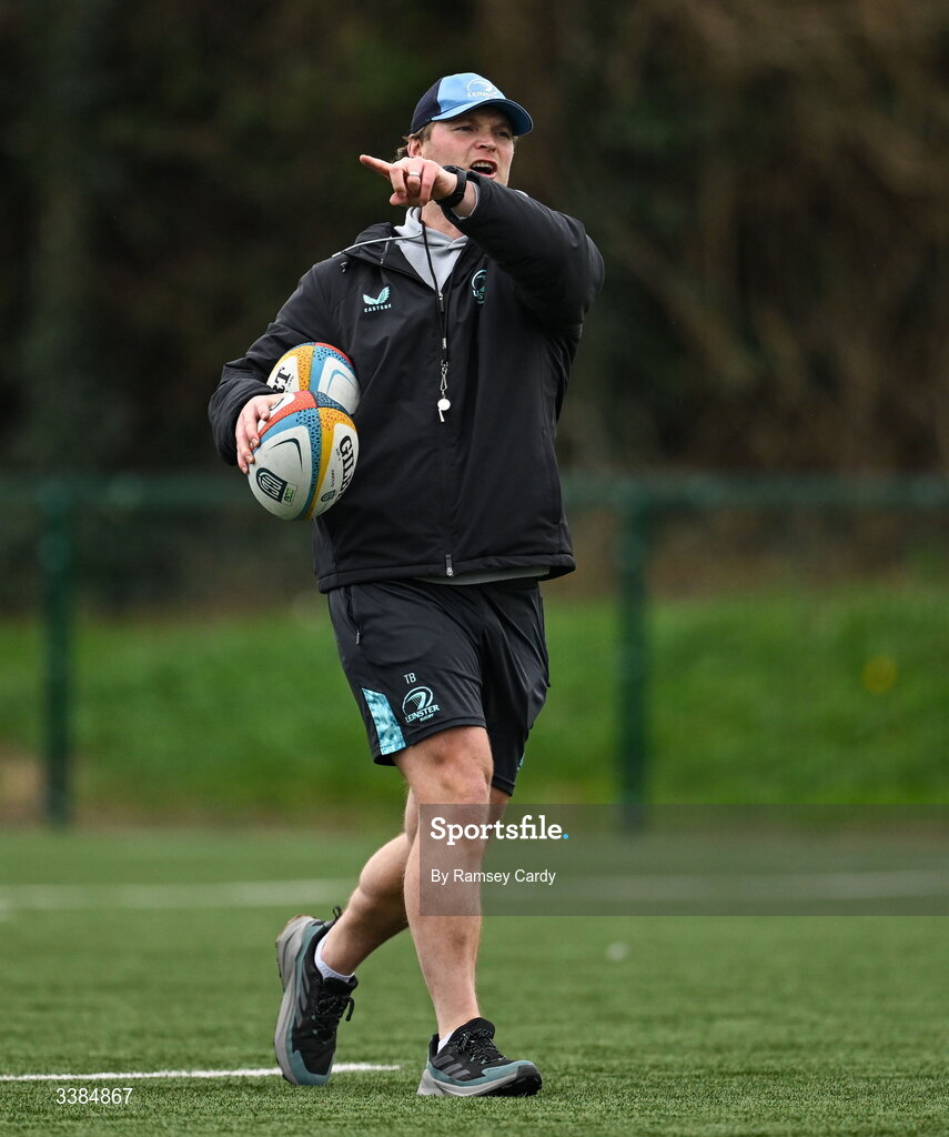 10 March 2026; Assistant coach Tyler Bleyendaal during a Leinster Rugby open training session at Skerries RFC in Skerries, Dublin. Photo by Ramsey Cardy/Sportsfile
