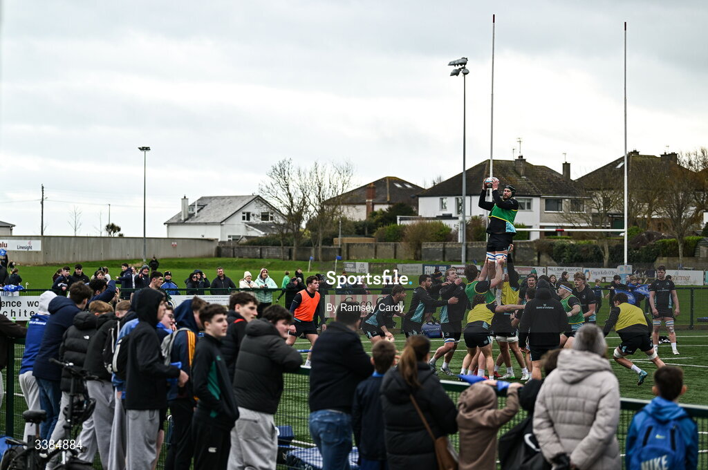 10 March 2026; Supporters watch on as players practice line-outs during a Leinster Rugby open training session at Skerries RFC in Skerries, Dublin. Photo by Ramsey Cardy/Sportsfile