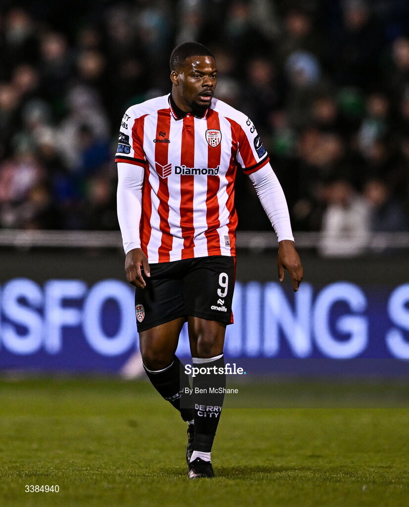 6 March 2026; Dipo Akinyemi of Derry City during the SSE Airtricity Men's Premier Division match between Shamrock Rovers and Derry City at Tallaght Stadium in Dublin. Photo by Ben McShane/Sportsfile