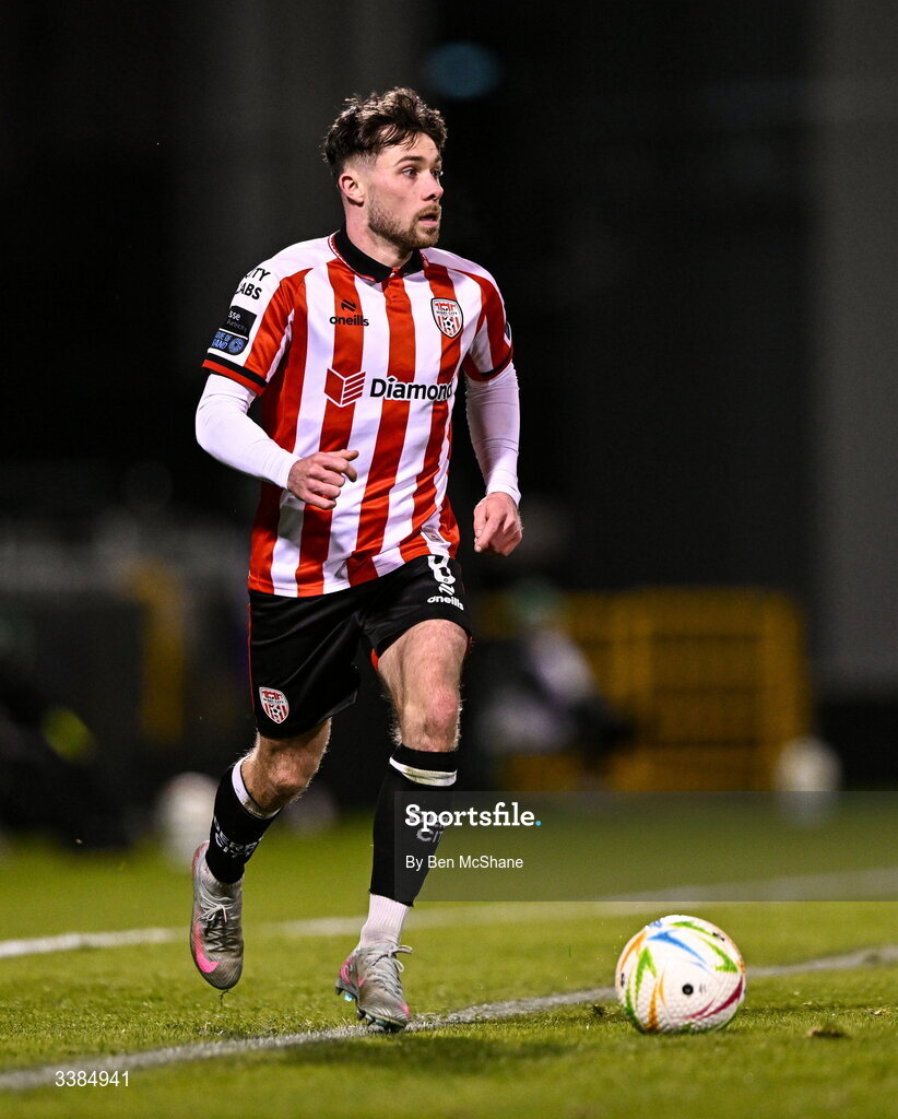 6 March 2026; Adam O'Reilly of Derry City during the SSE Airtricity Men's Premier Division match between Shamrock Rovers and Derry City at Tallaght Stadium in Dublin. Photo by Ben McShane/Sportsfile