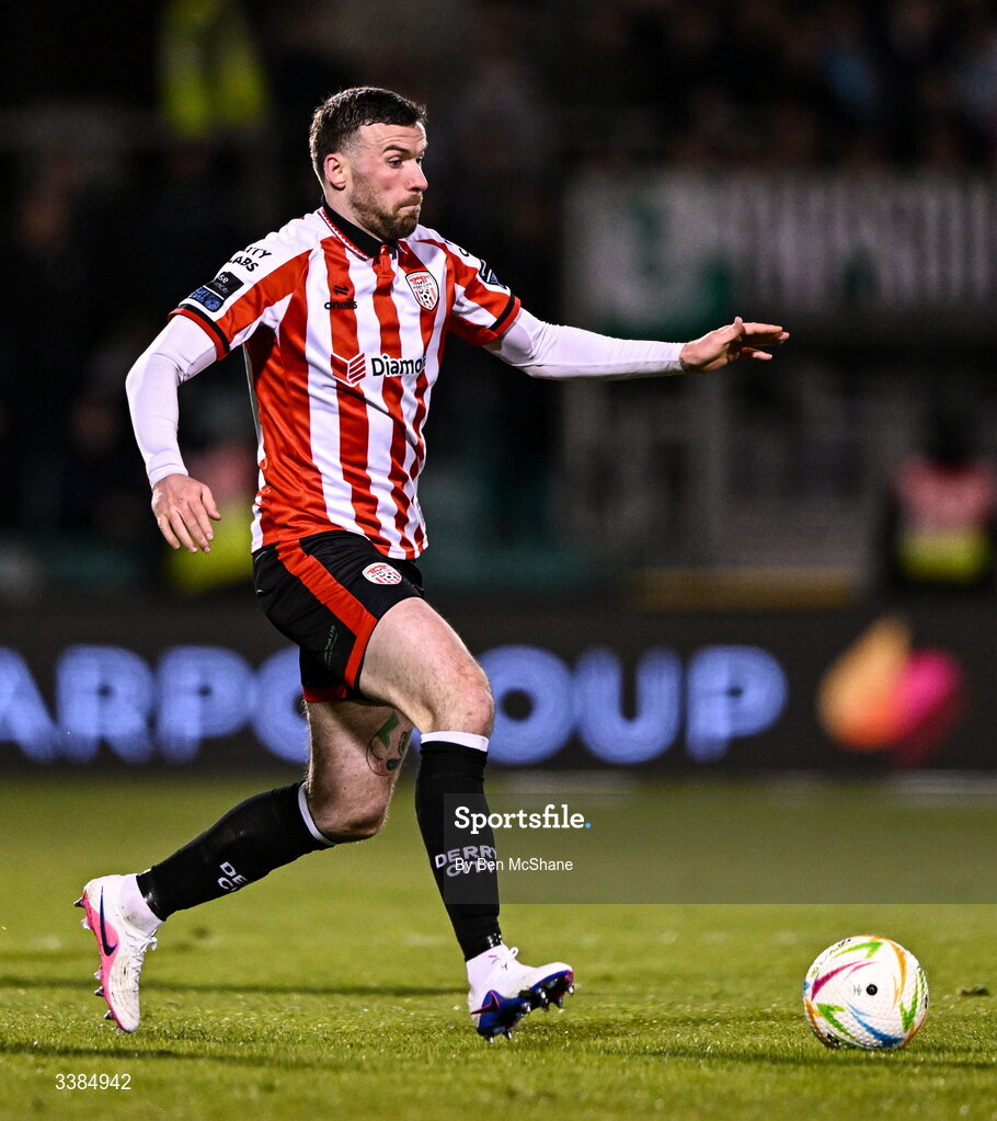 6 March 2026; Patrick McClean of Derry City during the SSE Airtricity Men's Premier Division match between Shamrock Rovers and Derry City at Tallaght Stadium in Dublin. Photo by Ben McShane/Sportsfile