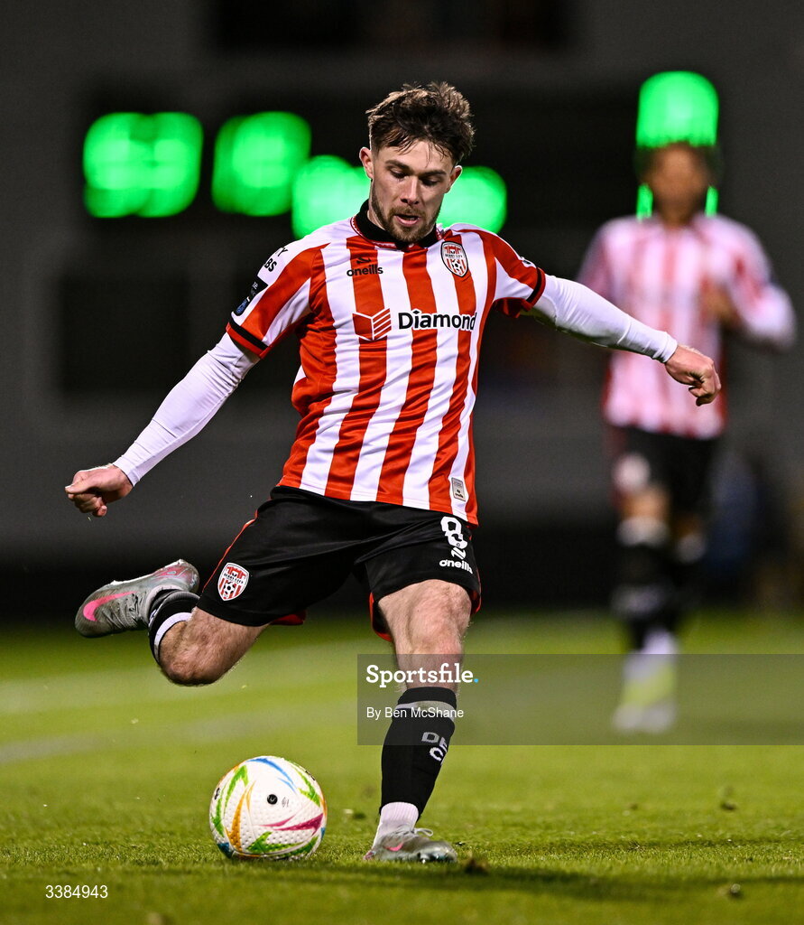 6 March 2026; Adam O'Reilly of Derry City during the SSE Airtricity Men's Premier Division match between Shamrock Rovers and Derry City at Tallaght Stadium in Dublin. Photo by Ben McShane/Sportsfile