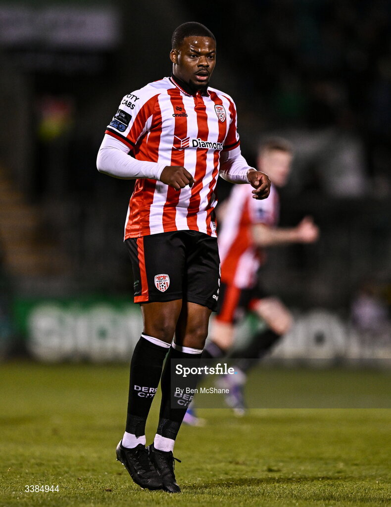 6 March 2026; Dipo Akinyemi of Derry City during the SSE Airtricity Men's Premier Division match between Shamrock Rovers and Derry City at Tallaght Stadium in Dublin. Photo by Ben McShane/Sportsfile