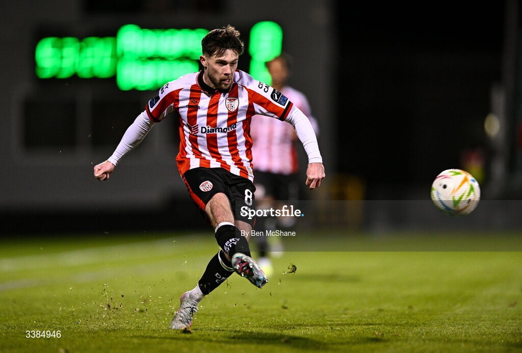 6 March 2026; Adam O'Reilly of Derry City during the SSE Airtricity Men's Premier Division match between Shamrock Rovers and Derry City at Tallaght Stadium in Dublin. Photo by Ben McShane/Sportsfile