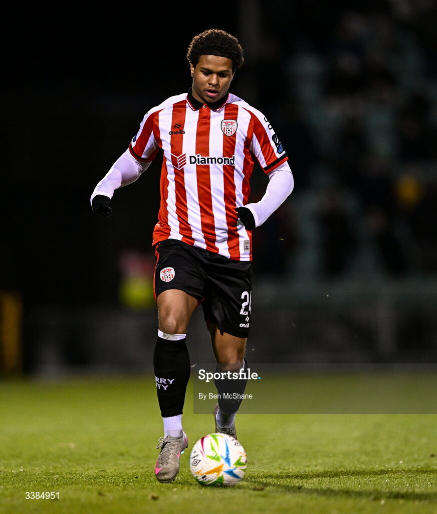 6 March 2026; Henry Rylah of Derry City during the SSE Airtricity Men's Premier Division match between Shamrock Rovers and Derry City at Tallaght Stadium in Dublin. Photo by Ben McShane/Sportsfile