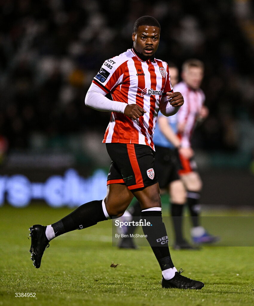 6 March 2026; Dipo Akinyemi of Derry City during the SSE Airtricity Men's Premier Division match between Shamrock Rovers and Derry City at Tallaght Stadium in Dublin. Photo by Ben McShane/Sportsfile