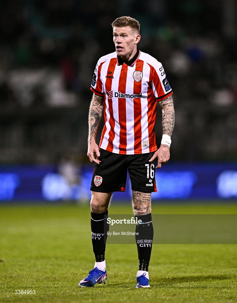 6 March 2026; James McClean of Derry City during the SSE Airtricity Men's Premier Division match between Shamrock Rovers and Derry City at Tallaght Stadium in Dublin. Photo by Ben McShane/Sportsfile