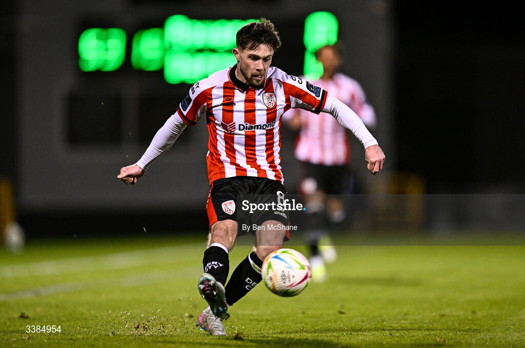 6 March 2026; Adam O'Reilly of Derry City during the SSE Airtricity Men's Premier Division match between Shamrock Rovers and Derry City at Tallaght Stadium in Dublin. Photo by Ben McShane/Sportsfile