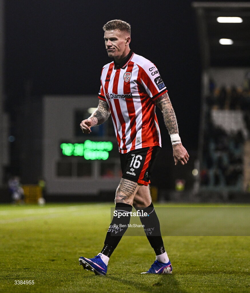 6 March 2026; James McClean of Derry City during the SSE Airtricity Men's Premier Division match between Shamrock Rovers and Derry City at Tallaght Stadium in Dublin. Photo by Ben McShane/Sportsfile