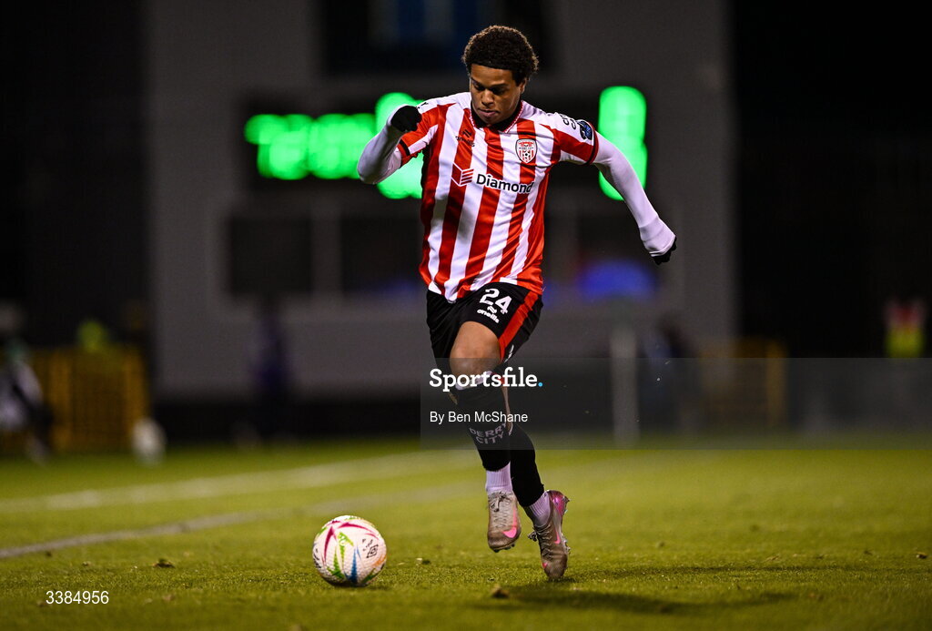 6 March 2026; Henry Rylah of Derry City during the SSE Airtricity Men's Premier Division match between Shamrock Rovers and Derry City at Tallaght Stadium in Dublin. Photo by Ben McShane/Sportsfile