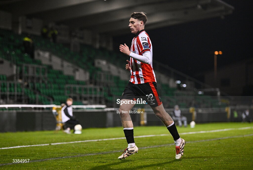 6 March 2026; Conor Barr of Derry City during the SSE Airtricity Men's Premier Division match between Shamrock Rovers and Derry City at Tallaght Stadium in Dublin. Photo by Ben McShane/Sportsfile