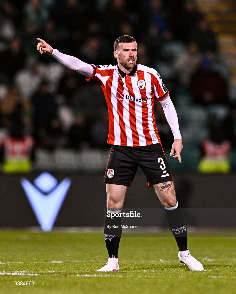 6 March 2026; Patrick McClean of Derry City during the SSE Airtricity Men's Premier Division match between Shamrock Rovers and Derry City at Tallaght Stadium in Dublin. Photo by Ben McShane/Sportsfile