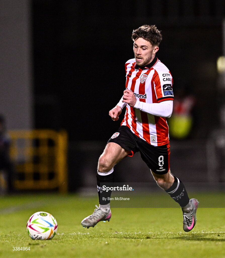 6 March 2026; Adam O'Reilly of Derry City during the SSE Airtricity Men's Premier Division match between Shamrock Rovers and Derry City at Tallaght Stadium in Dublin. Photo by Ben McShane/Sportsfile