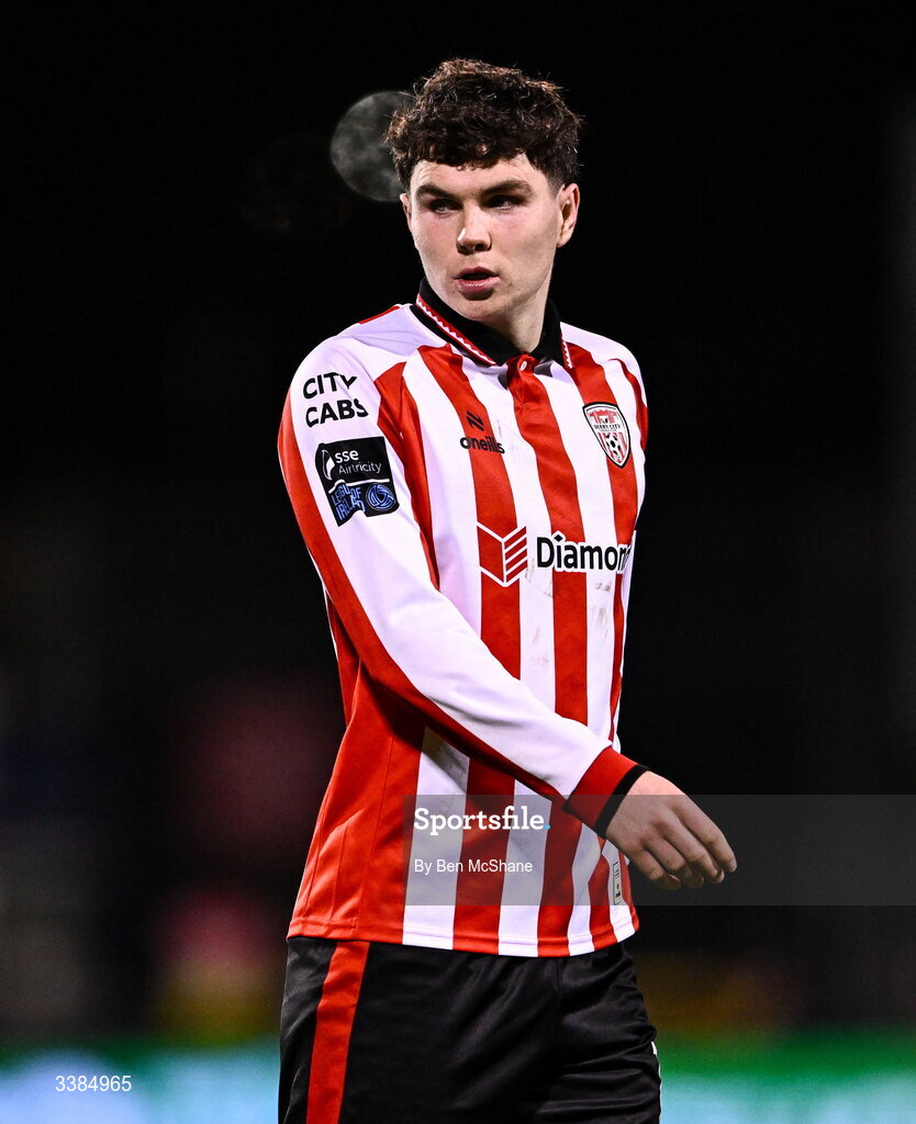 6 March 2026; James Clarke of Derry City during the SSE Airtricity Men's Premier Division match between Shamrock Rovers and Derry City at Tallaght Stadium in Dublin. Photo by Ben McShane/Sportsfile