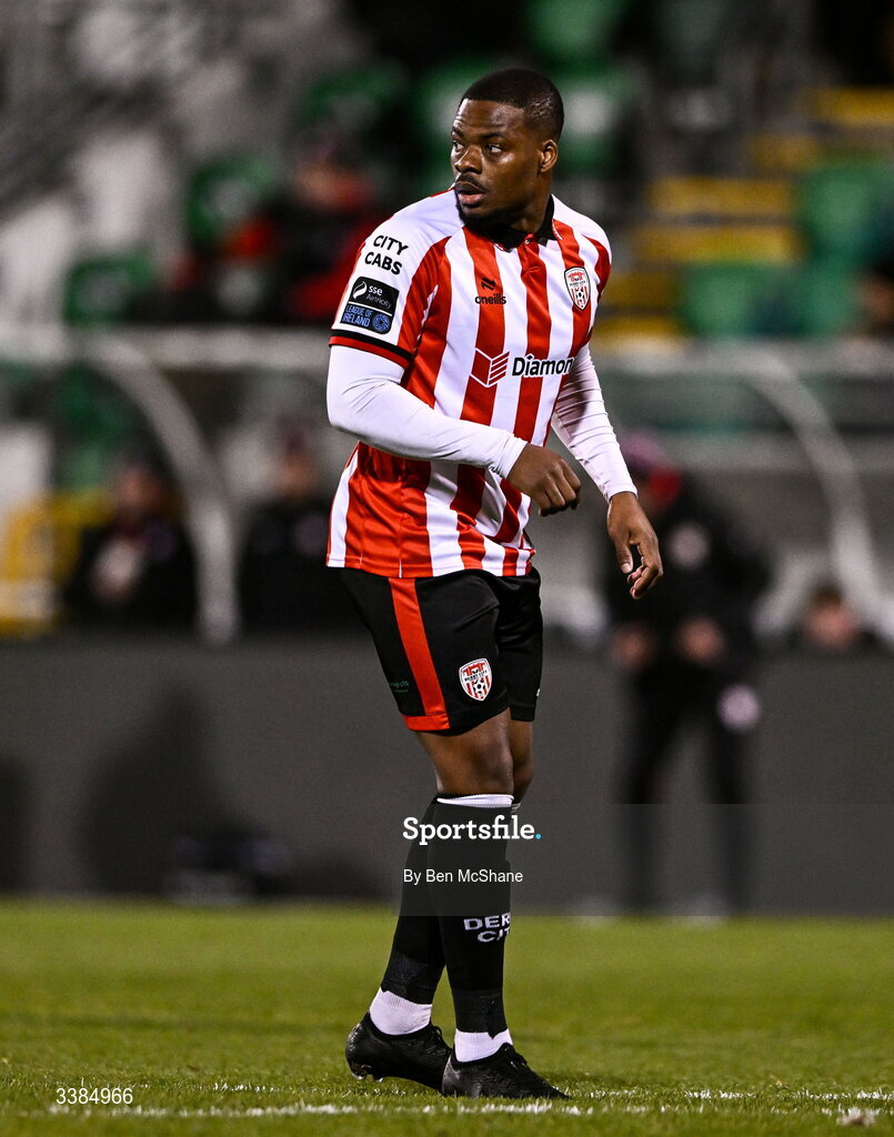 6 March 2026; Dipo Akinyemi of Derry City during the SSE Airtricity Men's Premier Division match between Shamrock Rovers and Derry City at Tallaght Stadium in Dublin. Photo by Ben McShane/Sportsfile