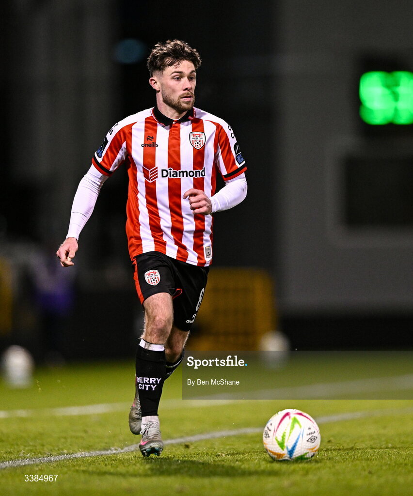 6 March 2026; Adam O'Reilly of Derry City during the SSE Airtricity Men's Premier Division match between Shamrock Rovers and Derry City at Tallaght Stadium in Dublin. Photo by Ben McShane/Sportsfile