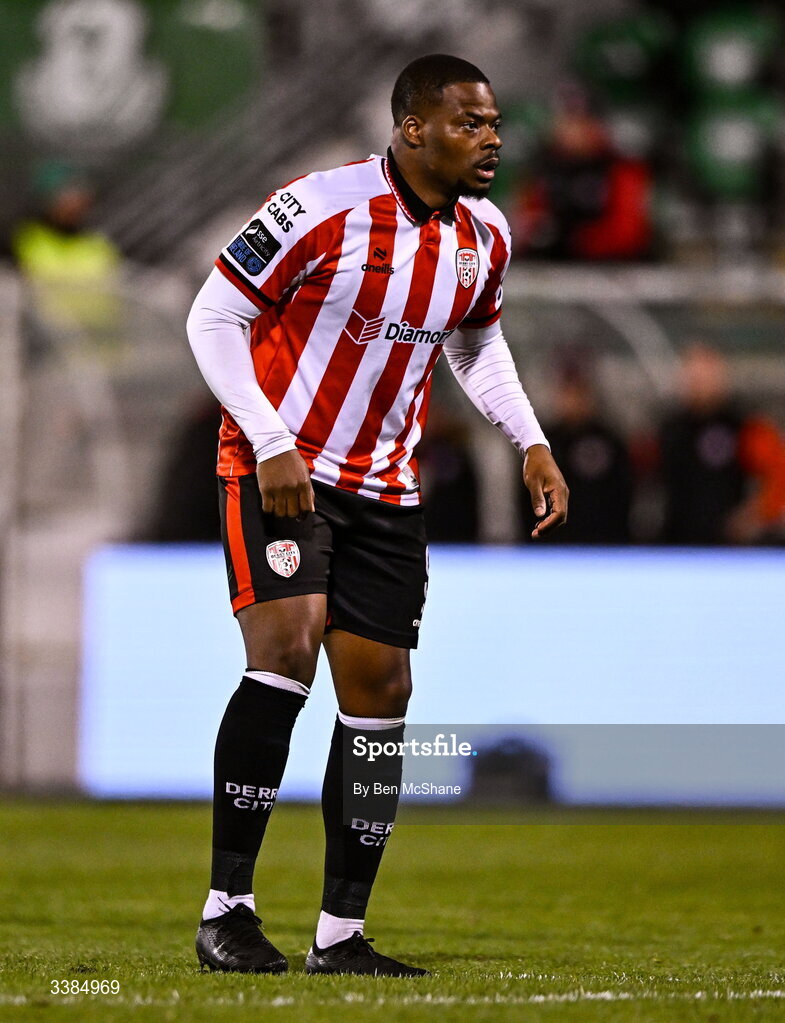 6 March 2026; Dipo Akinyemi of Derry City during the SSE Airtricity Men's Premier Division match between Shamrock Rovers and Derry City at Tallaght Stadium in Dublin. Photo by Ben McShane/Sportsfile