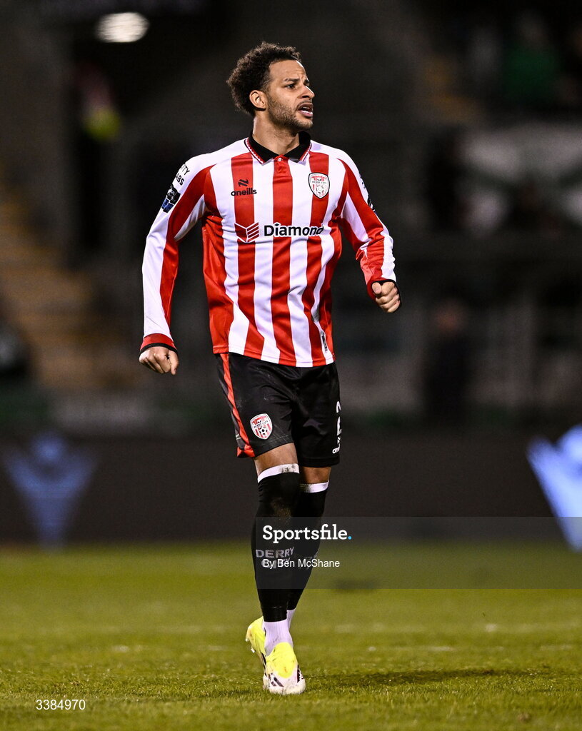 6 March 2026; Barry Cotter of Derry City during the SSE Airtricity Men's Premier Division match between Shamrock Rovers and Derry City at Tallaght Stadium in Dublin. Photo by Ben McShane/Sportsfile