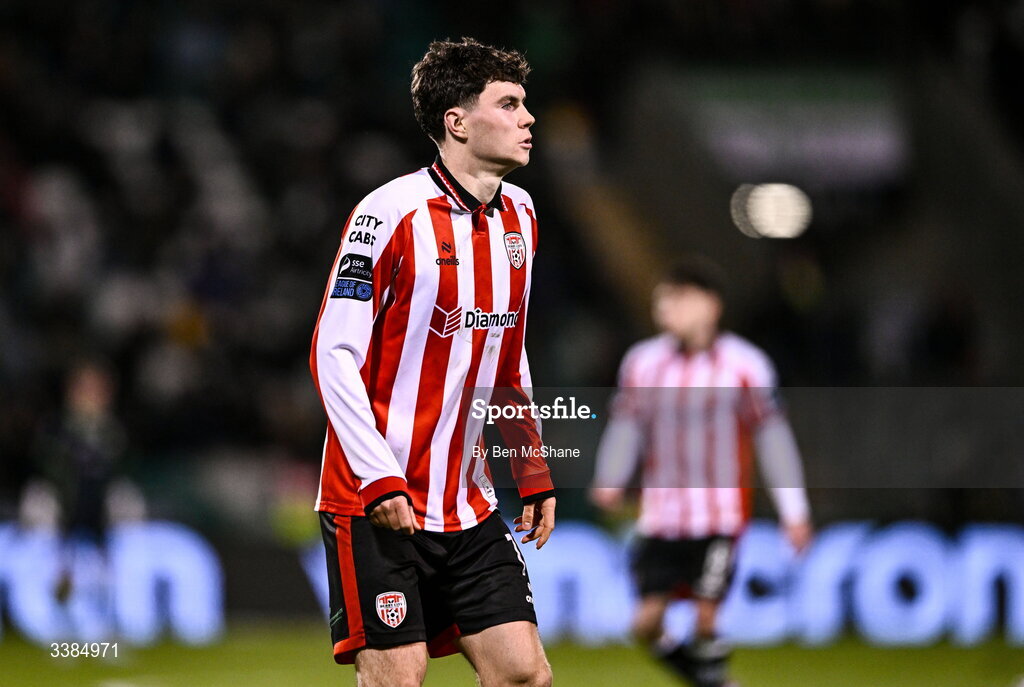 6 March 2026; James Clarke of Derry City during the SSE Airtricity Men's Premier Division match between Shamrock Rovers and Derry City at Tallaght Stadium in Dublin. Photo by Ben McShane/Sportsfile