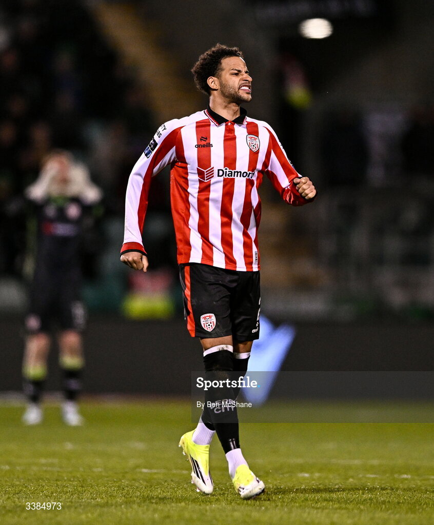 6 March 2026; Barry Cotter of Derry City during the SSE Airtricity Men's Premier Division match between Shamrock Rovers and Derry City at Tallaght Stadium in Dublin. Photo by Ben McShane/Sportsfile