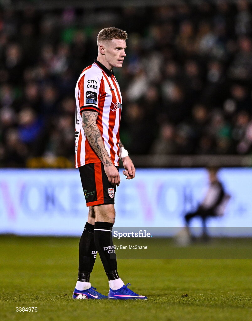 6 March 2026; James McClean of Derry City during the SSE Airtricity Men's Premier Division match between Shamrock Rovers and Derry City at Tallaght Stadium in Dublin. Photo by Ben McShane/Sportsfile