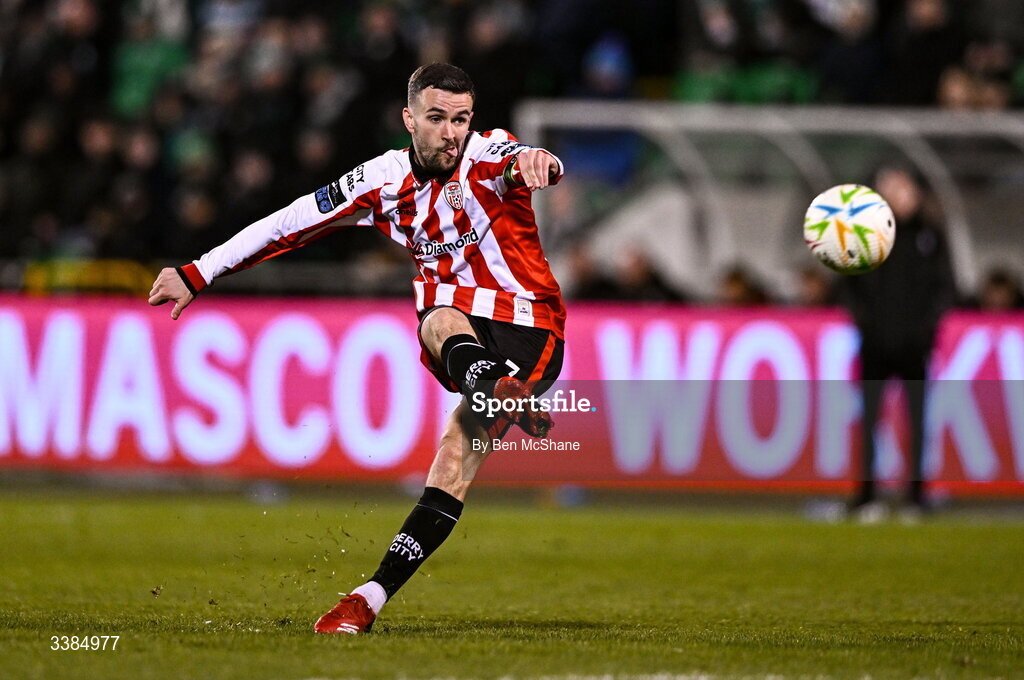 6 March 2026; Michael Duffy of Derry City during the SSE Airtricity Men's Premier Division match between Shamrock Rovers and Derry City at Tallaght Stadium in Dublin. Photo by Ben McShane/Sportsfile