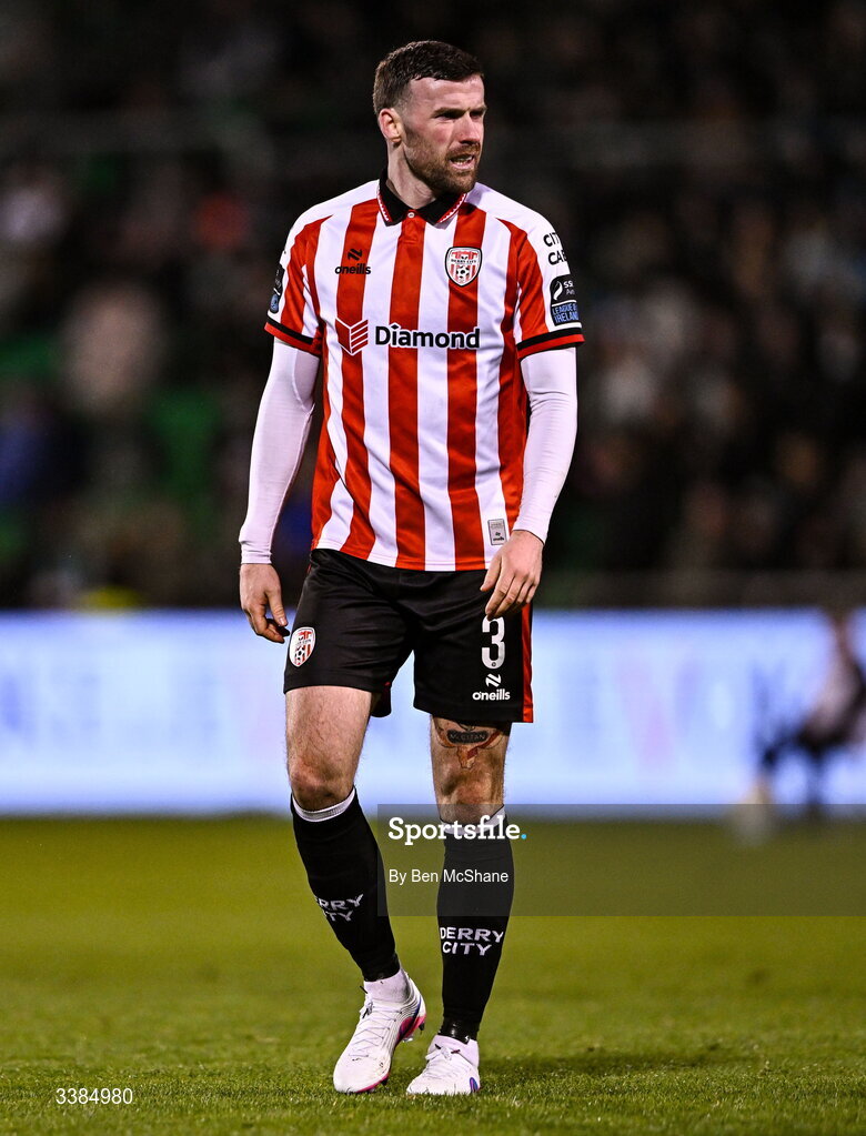 6 March 2026; Patrick McClean of Derry City during the SSE Airtricity Men's Premier Division match between Shamrock Rovers and Derry City at Tallaght Stadium in Dublin. Photo by Ben McShane/Sportsfile