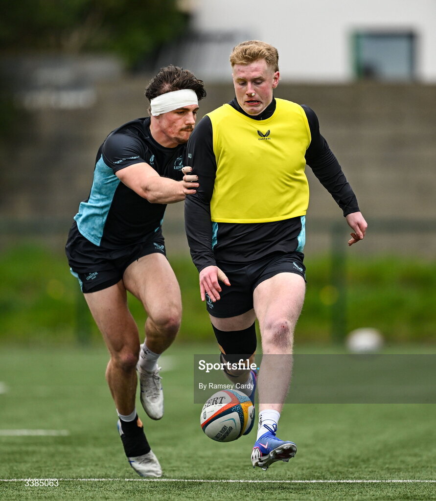 10 March 2026; Andrew Osborne, right, and Joshua Kenny during a Leinster Rugby open training session at Skerries RFC in Skerries, Dublin. Photo by Ramsey Cardy/Sportsfile