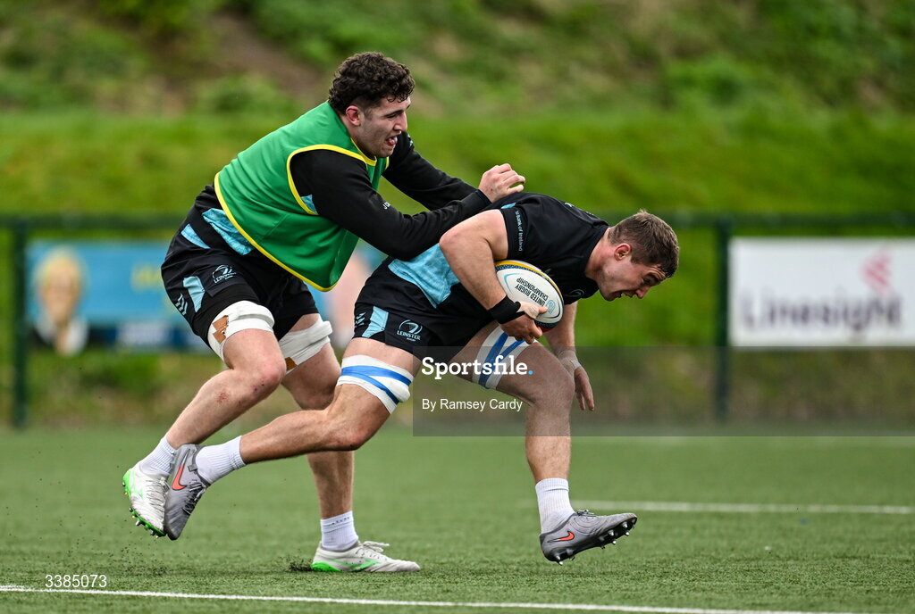 10 March 2026; Scott Penny, right, and James Culhane during a Leinster Rugby open training session at Skerries RFC in Skerries, Dublin. Photo by Ramsey Cardy/Sportsfile