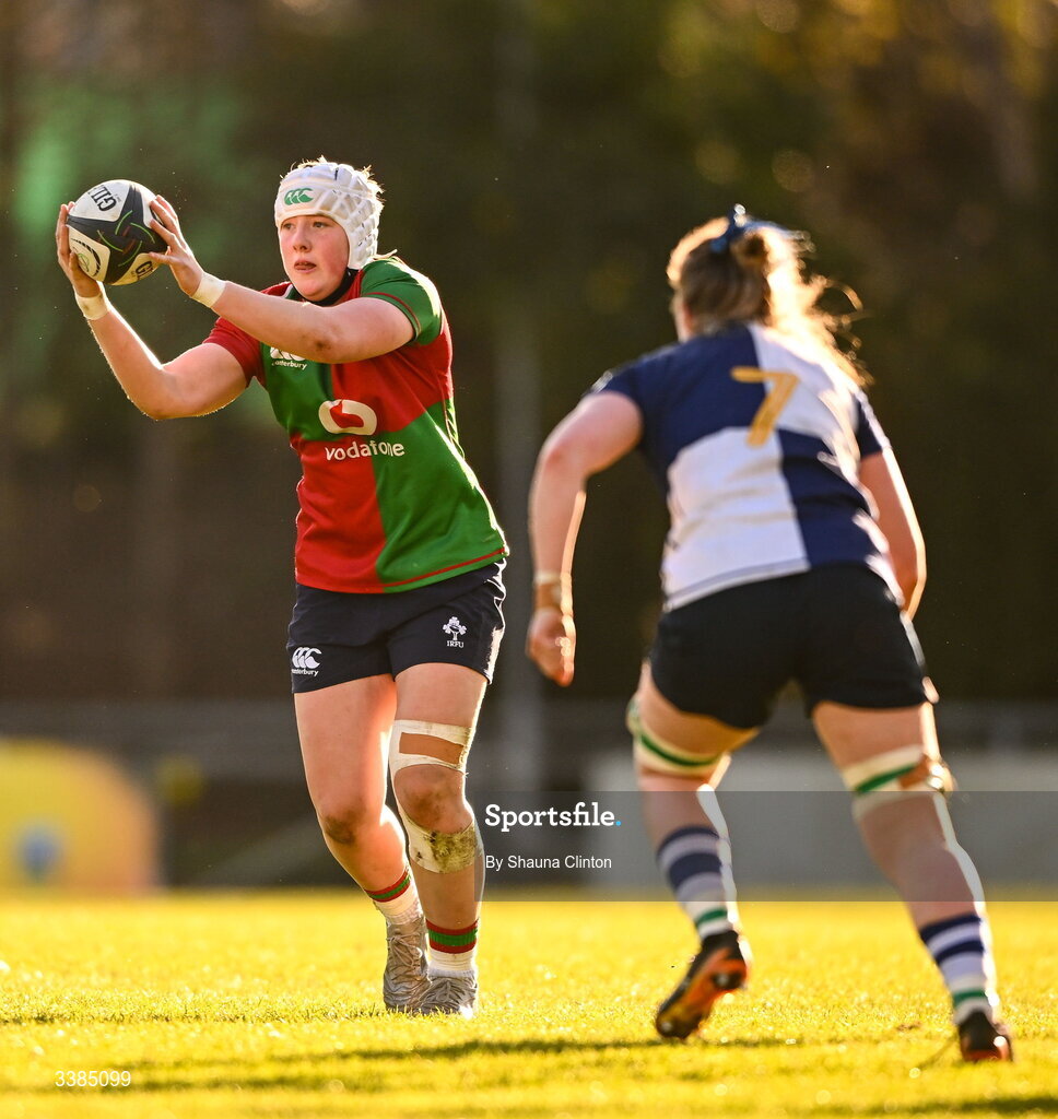 7 March 2026; Beth Buttimer of Clovers during the Celtic Challenge Round 10 match between Wolfhounds and Clovers at Belfield Bowl in Dublin. Photo by Shauna Clinton/Sportsfile