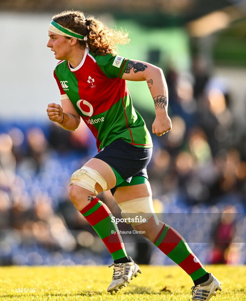 7 March 2026; Ruth Campbell of Clovers during the Celtic Challenge Round 10 match between Wolfhounds and Clovers at Belfield Bowl in Dublin. Photo by Shauna Clinton/Sportsfile