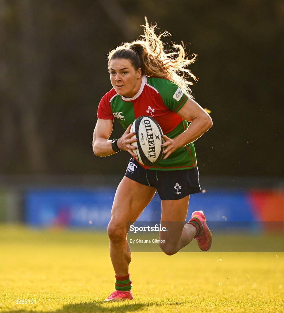 7 March 2026; Béibhinn Parsons of Clovers during the Celtic Challenge Round 10 match between Wolfhounds and Clovers at Belfield Bowl in Dublin. Photo by Shauna Clinton/Sportsfile