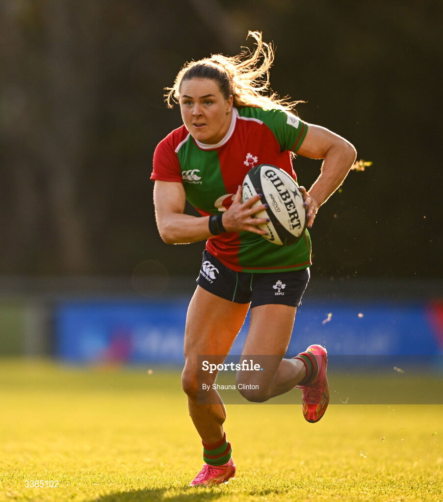 7 March 2026; Béibhinn Parsons of Clovers during the Celtic Challenge Round 10 match between Wolfhounds and Clovers at Belfield Bowl in Dublin. Photo by Shauna Clinton/Sportsfile