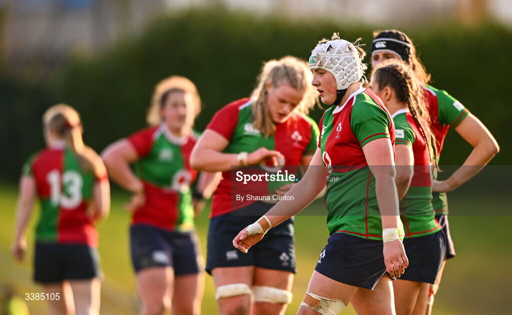 7 March 2026; Clovers players, including Beth Buttimer, centre, during the Celtic Challenge Round 10 match between Wolfhounds and Clovers at Belfield Bowl in Dublin. Photo by Shauna Clinton/Sportsfile