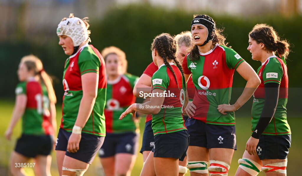7 March 2026; Clovers players during the Celtic Challenge Round 10 match between Wolfhounds and Clovers at Belfield Bowl in Dublin. Photo by Shauna Clinton/Sportsfile